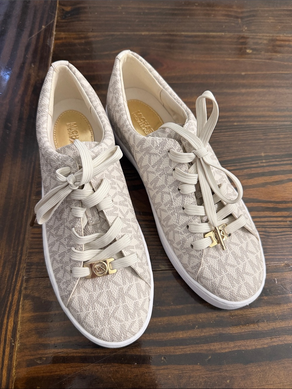 Michael Kors Light Beige Monogram Lace-Up Sneakers with Gold Logo Accents